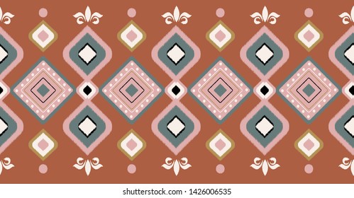 Pink green geometric seamless pattern on orange background in African style. Vector illustration use for ikat pattern, wallpaper and vintage background