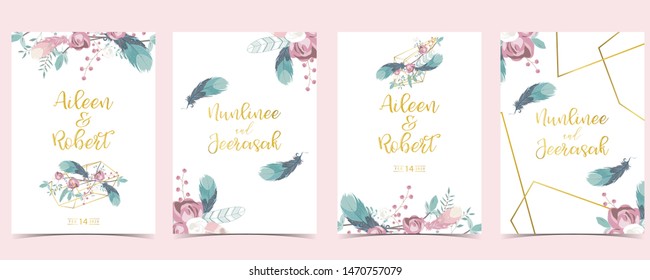 Pink green geometry wedding invitation with cactus and leaves.Vector birthday invitation for kid and baby.Editable element