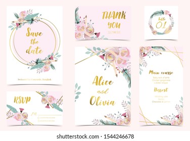 Pink Green Gold Geometry Wedding Invitation With Rose,flower,circle And Leaves.Vector Birthday Invitation For Kid And Baby.Editable Element