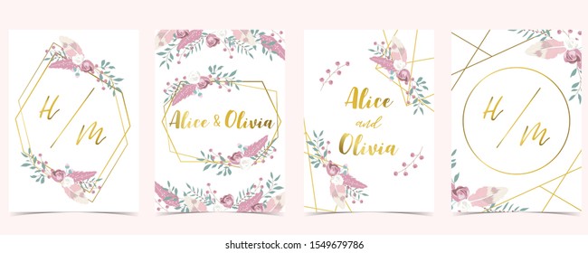 Pink green gold geometry wedding invitation with rose,flower,heart and leaves.Vector birthday invitation for kid and baby.Editable element