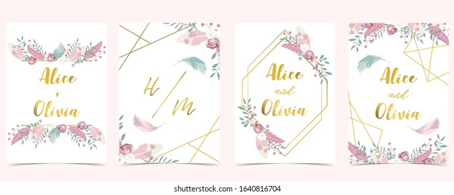 Pink green gold geometry wedding invitation with rose,flower,heart and leaves.Vector birthday invitation for kid and baby.Editable element