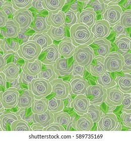 Pink, green and gray flower petals, close up roses and green leaves, beautiful abstract seamless pattern.