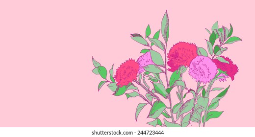 Pink and green hand drawn aster flowers bouquet illustration, vector