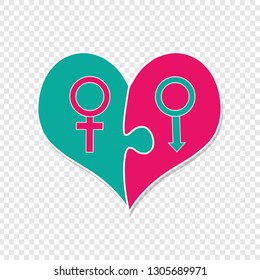 Pink And Green Heart Assembled Of Two Puzzle Pieces With Man and Woman Mars and Venus Sign. Sex Symbols. Male and Female Genders Icon, Valentines Day Clip Art. Heterosexual Couple In Love. Vector