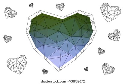 Pink, green heart isolated on white background. Geometric rumpled triangular low poly origami style gradient graphic illustration. Vector polygonal design for your business. Pink, green heart isolated on white background. Geometric rumpled triangular low poly origami style gradient graphic illustration. Vector polygonal design for your business.