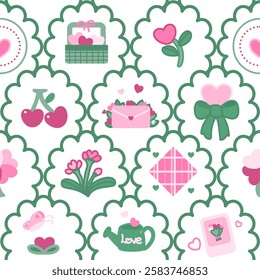 Pink and green heart pattern, cherry, love letter, polaroid, flower, watering can, basket