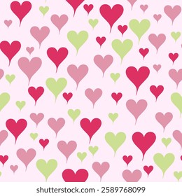 Pink and green hearts on a soft pink background,  seamless pattern , heart seamless pattern , doodle summer,  kids and baby designs for use as fabric or paper.