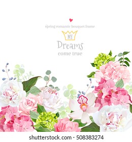 Pink and green hydrangea, rose, white peony, orchid, carnation vector design card. Botanical style frame with mixed flowers on white. Elegant floral background. All elements are isolated and editable.