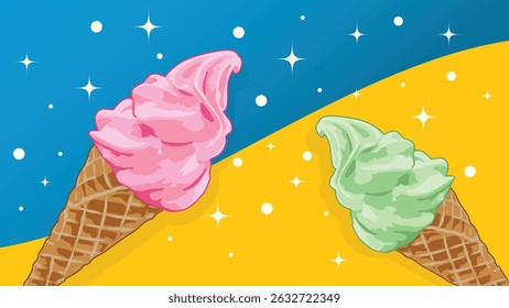 Pink and green ice cream cone on blue and orange background