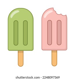 Pink and green ice cream on a stick, popsicle. Set