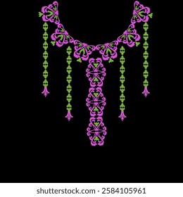 Pink and green ikat embroidery necklace. Vector element on a black background. Design for shirt pattern, lace, collar, and bead decoration.