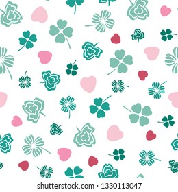 Pink and green Irish symbols design with hand drawn shamrocks and hearts. Seamless vector pattern. Ideal for St Patricks day, paper, scrap booking and as illustration element.