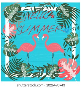 Pink and green jungle wild flower and leaf pattern frame,Hello Summer tropical exotic flamingo vintage style on blue wooden table top view,spring trend joyful,woodland invitation poster or card