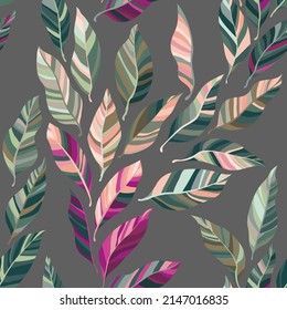 Pink green leaves vector wallpaper, tropical exotic foliage seamless pattern. Many green rosy leaves with striped texture isolated on gray background. Palm or eucalyptus foliage natural illustration.