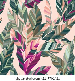 Pink green leaves vector wallpaper, tropical exotic foliage seamless pattern. Many green rosy leaves with striped texture isolated on white background. Palm or eucalyptus foliage natural illustration.