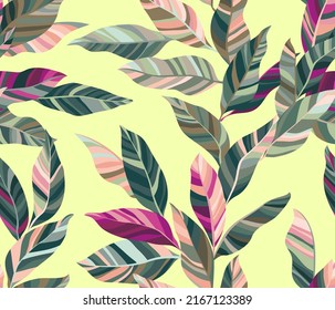 Pink green leaves vector wallpaper, tropical exotic foliage seamless pattern. Many green rosy leaves with striped texture isolated on white background. Palm or eucalyptus foliage natural illustration.