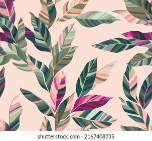Pink green leaves vector wallpaper, tropical exotic foliage seamless pattern. Many green rosy leaves with striped texture isolated on white background. Palm or eucalyptus foliage natural illustration.