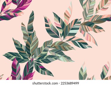 Pink green leaves vector wallpaper, tropical exotic foliage seamless pattern. Many green rosy leaves with striped texture isolated on beige background. Palm or eucalyptus foliage natural illustration.