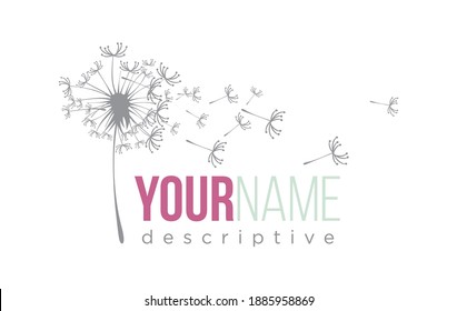 Pink and green logo with dandelion flower detail