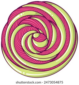 Pink green lollipop, meringue or whipped cream top side view. Decorative striped spiral. Vector illustration of dessert in cartoon flat style isolated on white.