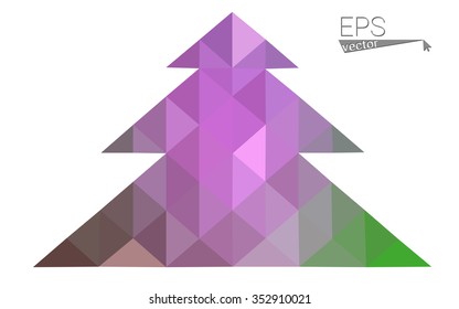 Pink, green low poly style christmas tree vector illustration consisting of triangles. Abstract triangular polygonal origami or crystal design of New Years celebration. Isolated on white background