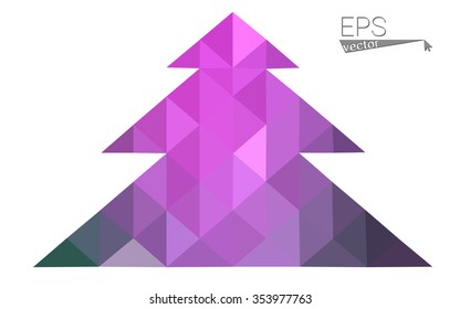 Pink, green low poly style christmas tree vector illustration consisting of triangles. Abstract triangular polygonal origami or crystal design of New Years celebration. Isolated on white background