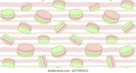 Pink and green macaroons on a soft striped background with dots. Endless texture with French sweet pastries. Vector seamless pattern for pastry shop, confectionery, wrapping paper and surface texture