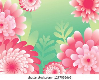 Pink green March 8th. Happy Women`s Mother`s Day. Flower card. Flowers decorative. Origami flowers. Square frame