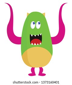 Un monstruo rosa y verde con orejas diminutas es feliz mientras levanta el dibujo de color vectorial de manos o la ilustración 