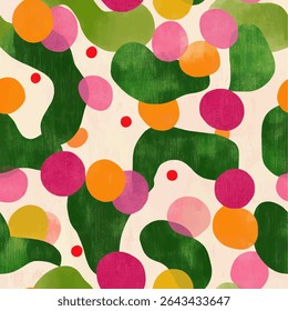 Pink, green, and orange polka dots on cactus shapes grunge lines ikat pattern, ikat seamless pattern, Vector illustration background for print the paper.
