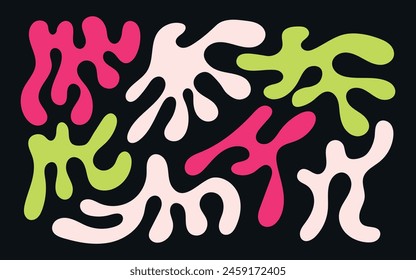 pink and green organic shape pattern, set of shapes in modern style, seamless pattern background, vector abstract liquid blobs collection design, melt drops Matisse elements abstract wallpaper