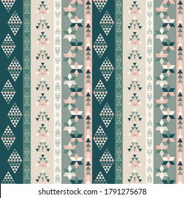Pink and Green Pastel Native, Southwestern, Seamless Repeating Pattern with Triangles and Stripes