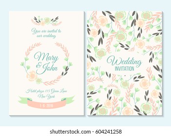 Pink and green pastel Wedding invitation, thank you card, save the date card with flowers, rose, leaf, branch on white background. Elegant hipster rustic wedding invitation. Boho style.