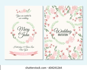 Pink and green pastel Wedding invitation, thank you card, save the date card with flowers, rose, leaf, branch on white background. Elegant hipster rustic wedding invitation. Boho style.