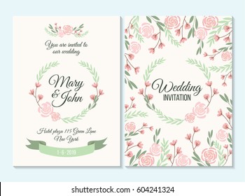 Pink and green pastel Wedding invitation, thank you card, save the date card with flowers, rose, leaf, branch on white background. Elegant hipster rustic wedding invitation. Boho style.