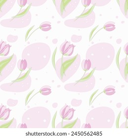 A pink and green pattern with delicate tulips and pink spots Vector