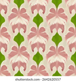 Pink and green pattern with white leaves,  grunge lines ikat pattern, ikat seamless pattern, Vector illustration background for print the paper.