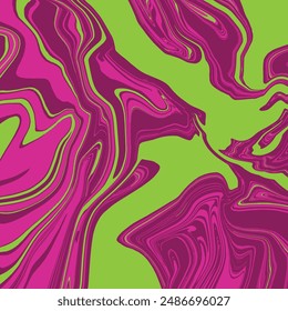 Pink and green Psychedelic liquid groovy fluid abstract art background design. Trendy retro trippy pink, green groovy 60s, 70s style vector illustration. Ideal for web,  prints, wallpapers.