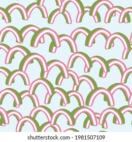 Pink and green random 2d abstract shapes seamless pattern. Light green background. Simple style. Perfect for fabric design, textile print, wrapping, cover. Vector illustration.