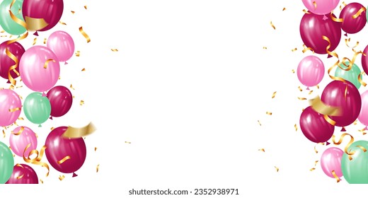 pink and green realistic balloons with frame pattern background vector illustration for birthday, party, decor, promotion, banner and poster