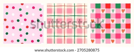 Pink, green and red dots, hearts and gingham vector seamless pattern set, Cute Christmas backgrounds