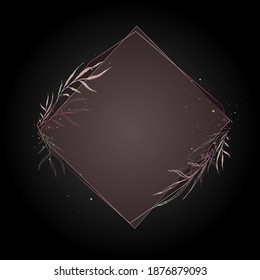 Pink and green rhombic elegant frame with hand drawn twigs. Vector vintage illustration. Black background. Use to decorate greeting cards, invitations, etc.