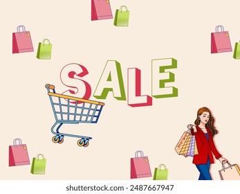  Pink and green sale bannner . A girl holding shopping bags and a cart representing big sale offer. A sale banner for sale promotion purposes. 