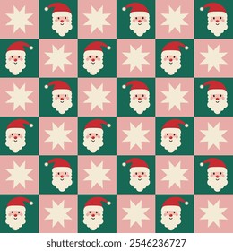 pink and green santa xmas checkerboard seamless pattern. for surface pattern design, print, wallpaper, wrapping paper, fabric.