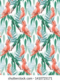 Pink and green seamless pattern with cockatoo and leaves