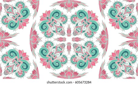 Pink and green seamless pattern with floral  ornament  in retro style.  Hand-drawn illustration. Hand-drawn illustration. Vector.