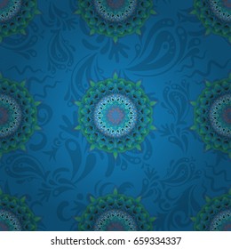 Pink and green seamless pattern good for greeting card for birthday, invitation or banner. Medieval royal pattern. Decorative symmetry arabesque. Vector illustration.