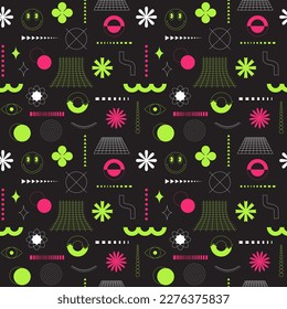 Pink and green seamless pattern with neon acidic abstract geometric, bold, linear shapes. Brutalism, retro futurism style. inspired. For web design, covers, textile. Vector illustration on black