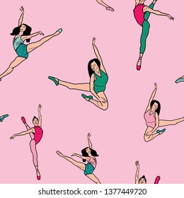 Pink and green seamless vector background with elements of ballerinas dancing. Perfect for fabric, wall paper, gift wrap, invitations, scrapbooking, quilting, home decor and projects.