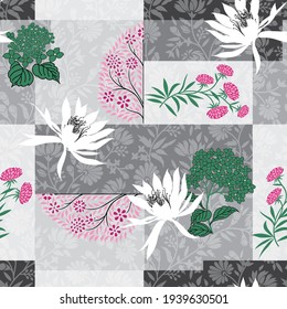 patrón de conjuntos vectoriales sin costura rosa y verde sobre fondo de bandana gris de semitono